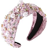 Gmmidea Pearl Rhinestone Tweed Headband for Women Sparkle Luxury Plaid Knotted Headband Wide Vintage Ladies Embellished Hairb