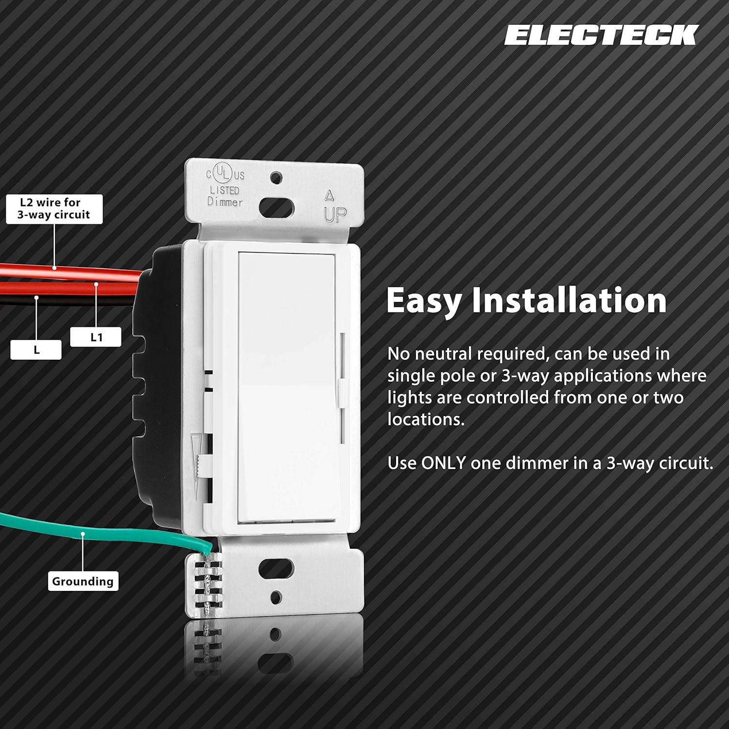 4 Pack - ELECTECK Single Pole/3 Way Dimmer Light Switch for Dimmable LED/Halogen/Incandescent Bulbs, Universal Lighting Control, Screwless Wallplate, UL Listed, White: Industrial & Scientific