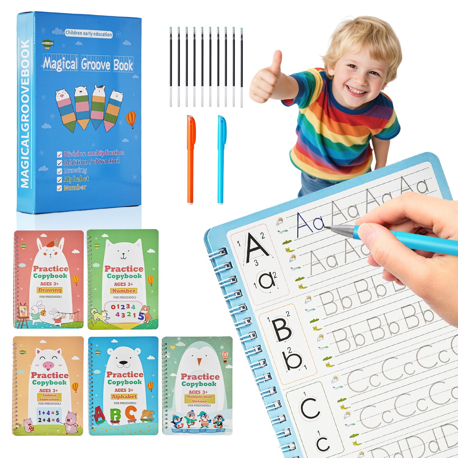 Photo 1 of ***MISSING PARTS*** Magic Grooved Writing Books for Kids-Handwriting Practice for Kids 5-8 - Tracing Books for Kids Ages 3-5 - Preschool, Kindergarten Learning-Letters, Numbers, Math, Drawing (Blue Box, 9.45 in x 6.5 in)