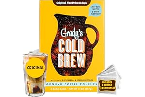 GRADY'S COLD BREW GRADY’S COLD BREW, New Orleans Style, 100% Arabica Ground Coffee & Chicory Pouches, One Box of Four Easy-to-Brew Bean Bags, Makes 12 drinks