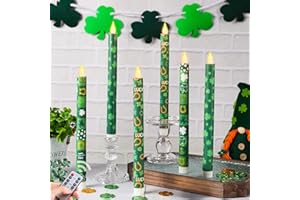 LCZLUMIPRO 6Pcs St. Patrick' s Day Flameless Taper Candles, 10.63" Green Irish Shamrock Clovers Battery Operated LED Candles 