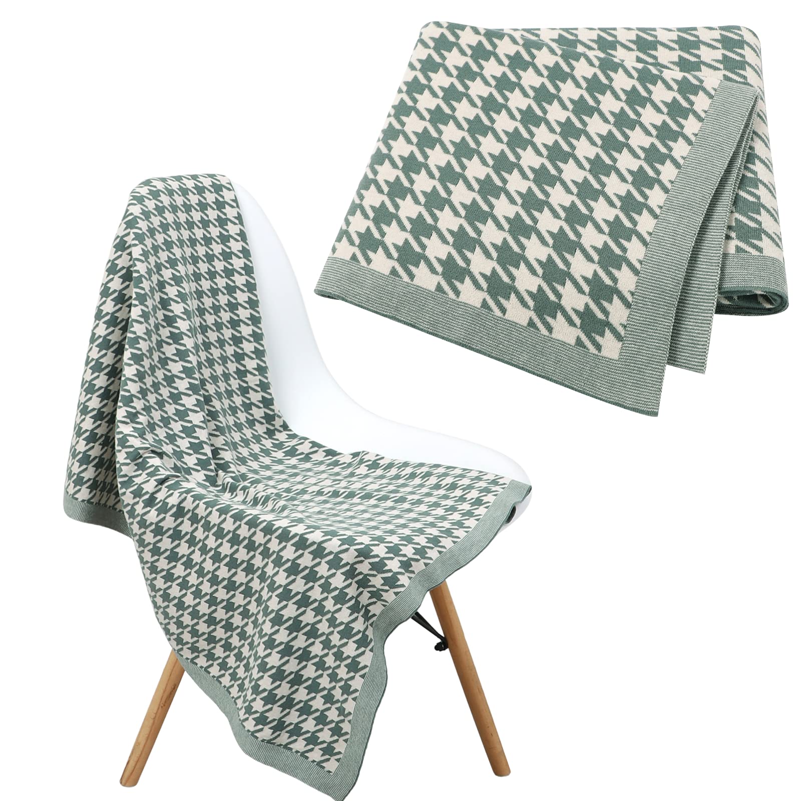 LAWKUL Baby Blanket Knitted 100% Cotton Soft Receiving Blankets for Newborn Boy Girls Unisex Houndstooth 100x80cm Green