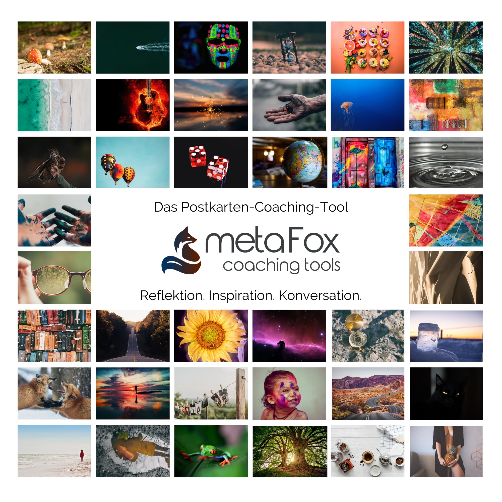 metaFox - Coaching Karten - Bildkarten Set ORIGINAL - Impulskarten für Coaching, Therapie & Workshops - Motivationskarten zur Reflexion, als Coaching Tools & Therapie Tools