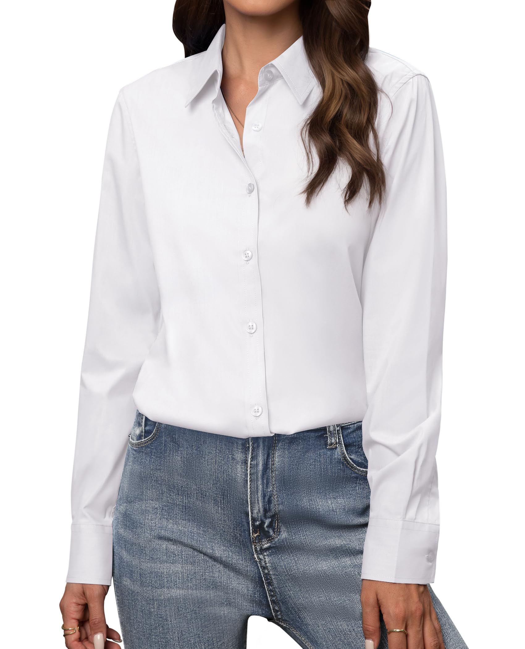 Photo 1 of Gleeivy Button Down Shirts for Women Long Sleeve Dress Shirts Classic Fit Solid Cotton Women Dress Shirts Work Office White XS