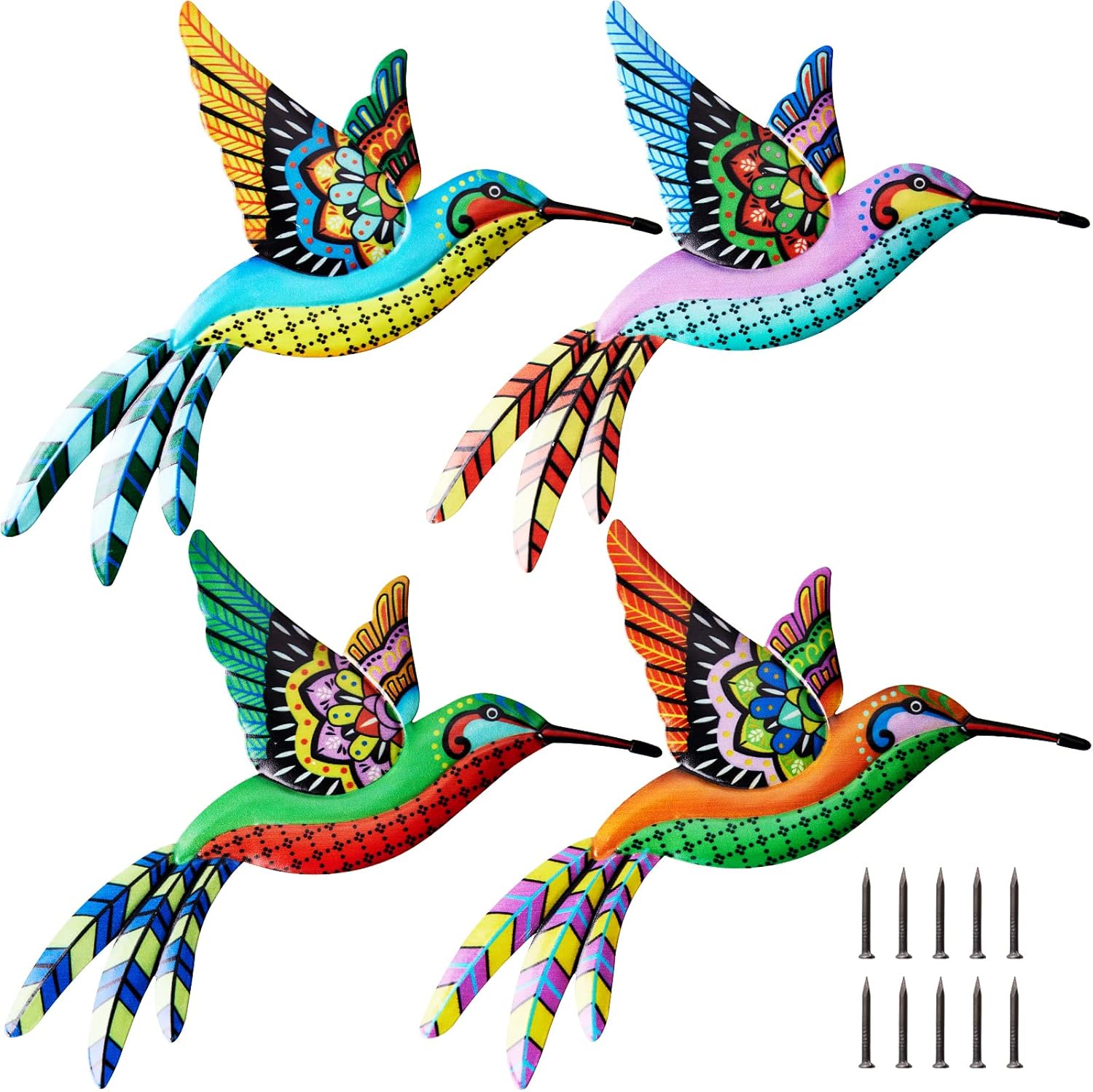 Plaques & Wall Art - 4 Pack Metal Hummingbird Wall Art Decor Iron 3D Hummingbird Outdoor Wall Sculpture Outdoor Garden Fence Hanging Decor Colorful Bird Wall Art Decorations with nails for Patio Living Room Bedroom