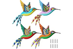 QUINNSUS 4 Pack Metal Hummingbird Wall Art Decor Iron 3D Hummingbird Outdoor Wall Sculpture Outdoor Garden Fence Hanging Decor Colorful Bird Wall Art Decorations with nails for Patio Living Room Bedroom
