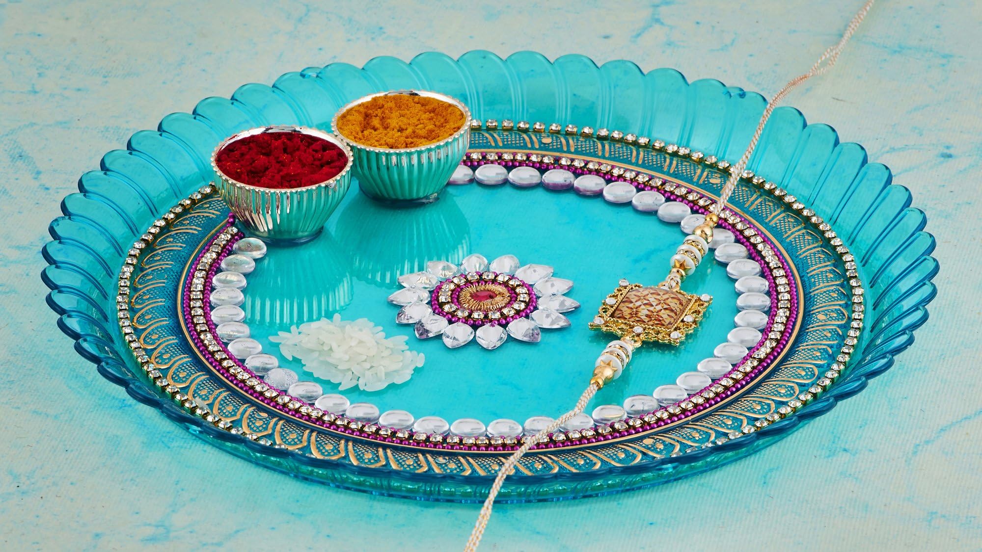Diwali Pooja Thali Tilak Decorative Platter Set, Laxmi/Ganesh Pooja Hindu Puja 10 (Multi Round Thali) (Blue - Round)