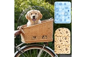 Sunnymove Wicker Dog Bike Basket, Rattan Pet Carrier for Small Dogs Cats with Protective Grille, Includes Ice Pad and Soft Cotton Cushion, for Secure Bicycle Rear Luggage Rack