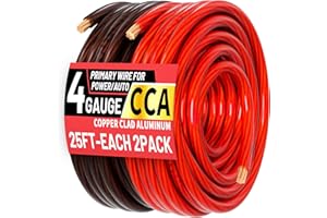 energeaster 4 Gauge Each-25ft Black/Red CCA Wire, Low Voltage Primary Automotive or Ground Cable, Battery Cable, 4AWG, Car Audio, RV, Car Amplifier Power, Amp Wiring Kit, Translucent Jacket