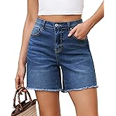 Vetinee Jean Shorts for Women Trendy High Waisted Raw Hem Mid Thigh Stretch Denim Shorts Cutoff 2026 Casual Summer Jorts