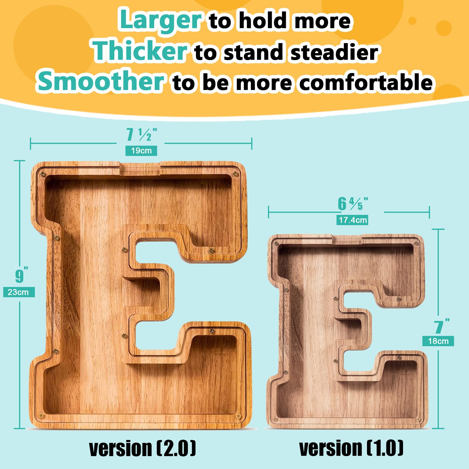 SummiDate Wooden Letter Piggy Bank for Kids| Piggy Bank for Boys Girls Toddler| Alphabet E Money Bank| Wood Coin Bank Personalized Birthday Easter Gift for Kids (E)