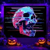 BlissYard Blacklight Tapestry Cyberpunk Skull Wall Art 78 x 59 Inch | Cyberpunk Skull Wall Art Glitch Effect UV Backdrop for Living Room Bedroom Party Gothic Style