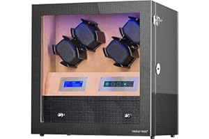 TRIPLE TREE Watch Winder for 4 Automatic Watches, with Built-in Big Storage Drawer and Blue Illumination, Luxury Carbon Fiber, Super Quiet Japanese Motors, Flexible Watch Pillow Fit Lady and Man Watches