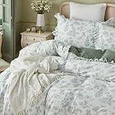 Brandream French Country Toile Duvet Cover Set Full Size for Girls Bedroom Vintage Sage Green Toile Floral Print 100% Cotton Delicate Ruffle Soft and Breathable, 3 Pieces Bedding with Zipper Closure
