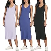 Real Essentials 3 Pack: Women's Ribbed Knit Sleeveless Crew Neck Tank Casual Midi Shift Dress with Slit