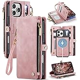 Defencase for iPhone 17 Pro Max Magnetic Wallet Case Compatible with Magsafe with RFID Blocking Zipper & Card Holder for Women PU Leather Strap Detachable Case for iPhone 17 Pro Max 6.9", Rose Pink
