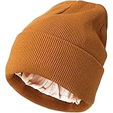 AQOKKA Womens Satin Lined Knit Beanies Hat Warm Silk Lined Winter Hat for Women Men Soft Slouchy Cuffed Unisex Skull Cap