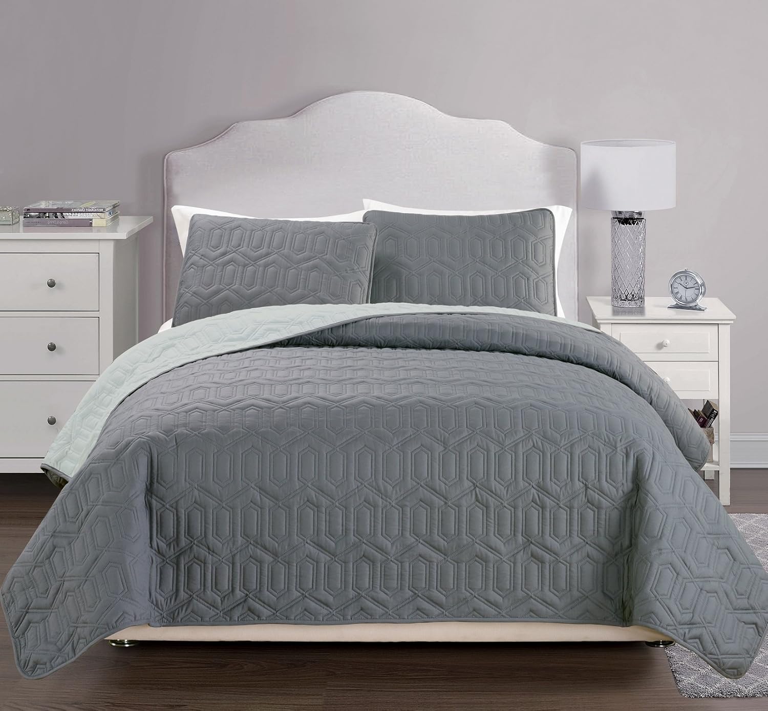 3 Pcs Elegant Summer Bedspread Set Grey Queen Size Reversible Amazon