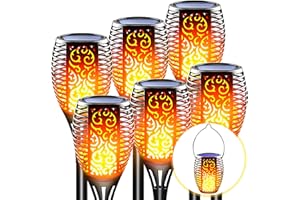 LazyBuddy Solar Tiki Torches with Flickering Flame, Super Large Solar Torch Lights Outdoor, 3-in-1 Fire Effect Hanging Lantern Festival Decorations for Outside Garden, Pathway, Auto On/Off (6 Pack)