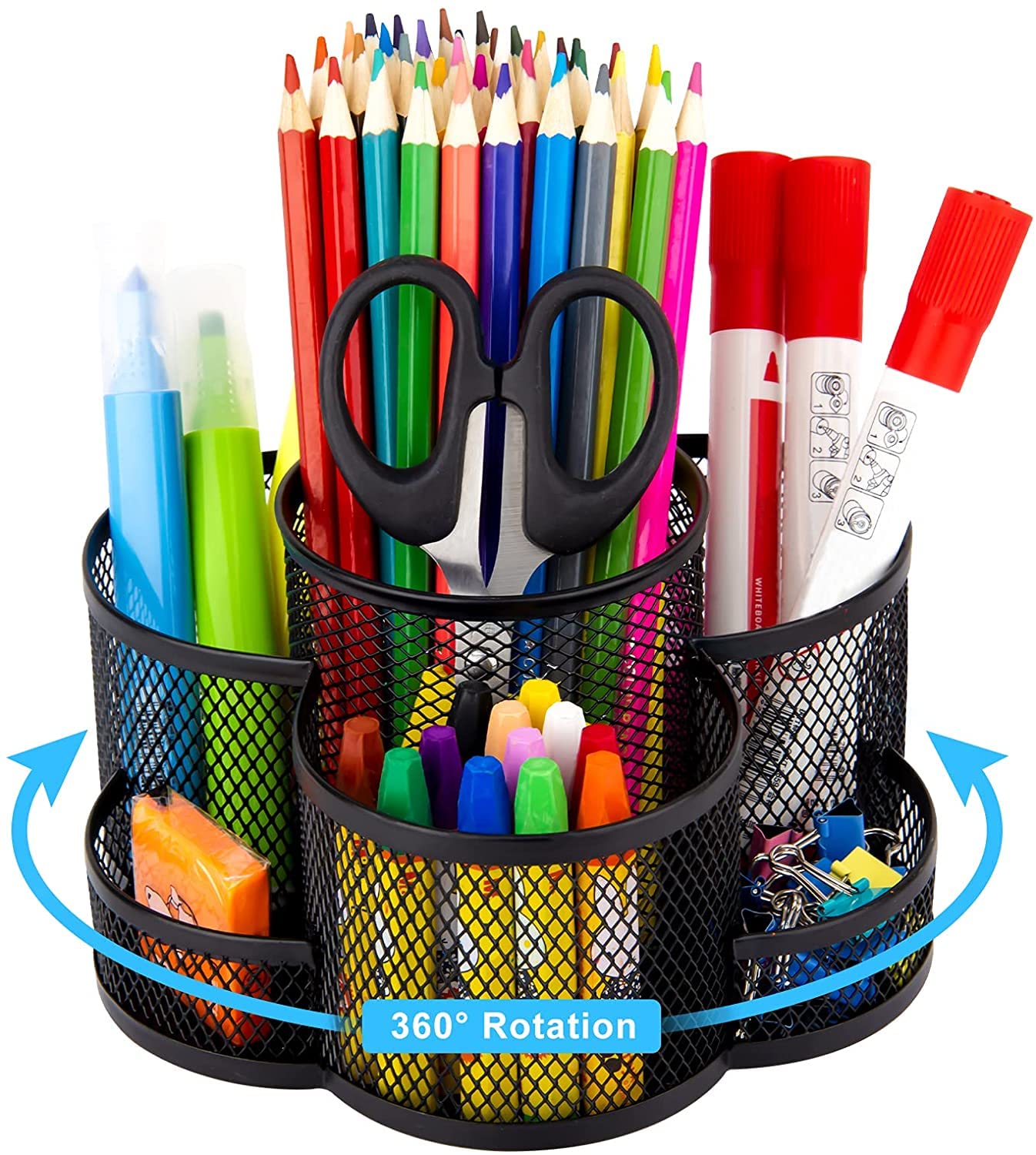Pecco 360° Rotating Desk Mesh Pencil Holder With 7 Compartments, Metal Stationary Organizer, Large Desktop Supply Caddy for Office School Art