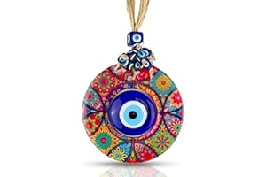 BCS Mandala Evil Eye Decor Home Wall Hanging 4.5" Wooden Frame Glass Bead Multicolor Floral Pattern Handmade Turkish Nazar Amulet Good Luck Charm