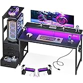 AODK 59 Inch Gaming Desk with USB Charging Ports & LED Light- Reversible Computer Desk with Storage Shelves & Monitor Stand, Modern Gamer Desk Table with Fabric Drawers & Side Hook, Carbon Fiber Black