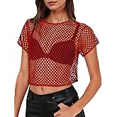 Womens Sheer Mesh Top Fishnet T Shirts Short Sleeve See Through Casual Crop Tops