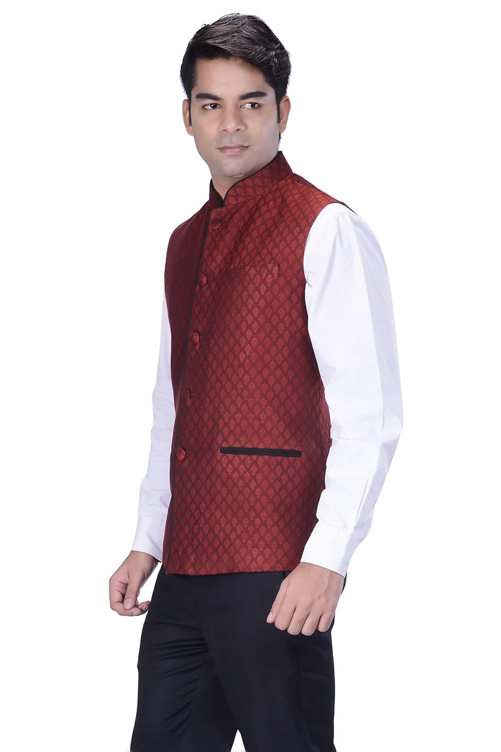 kisah men's woven cotton silk maroon nehru jacket