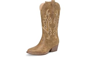DREAM PAIRS Women's Cowboy Boots Mid Calf Cowgirl Boots Point Toe Chunky Heel Embroidery Stitched Western Boots
