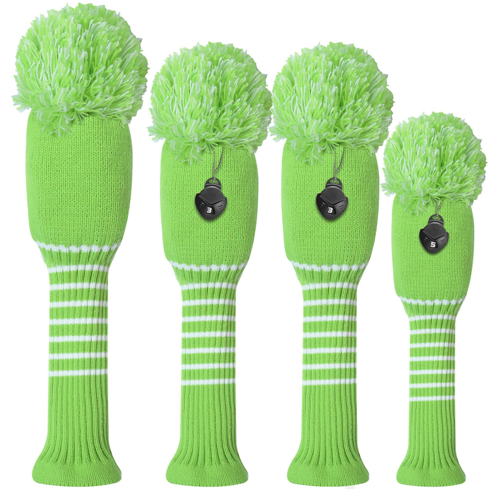 3 or 4 Pack Pom Golf Head Covers for Woods 1 3 5 Driver Fairway Hybrids Wood HeadCovers Set with Number Tag Knitted Golf Head Covers (Aqua 1335)