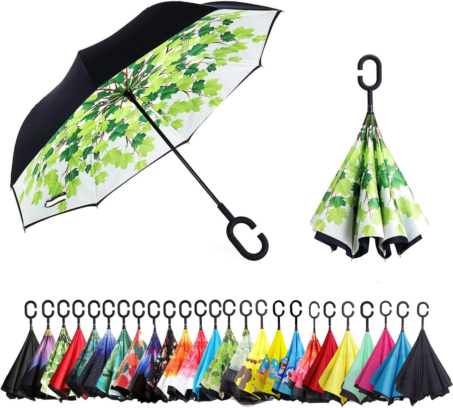 Sumeber Double Layer Inverted Umbrella, C Shape Handle Reverse Folding Umbrella, Anti-UV Windproof Travel Umbrella with Carrying Bag (Green Leaf)
