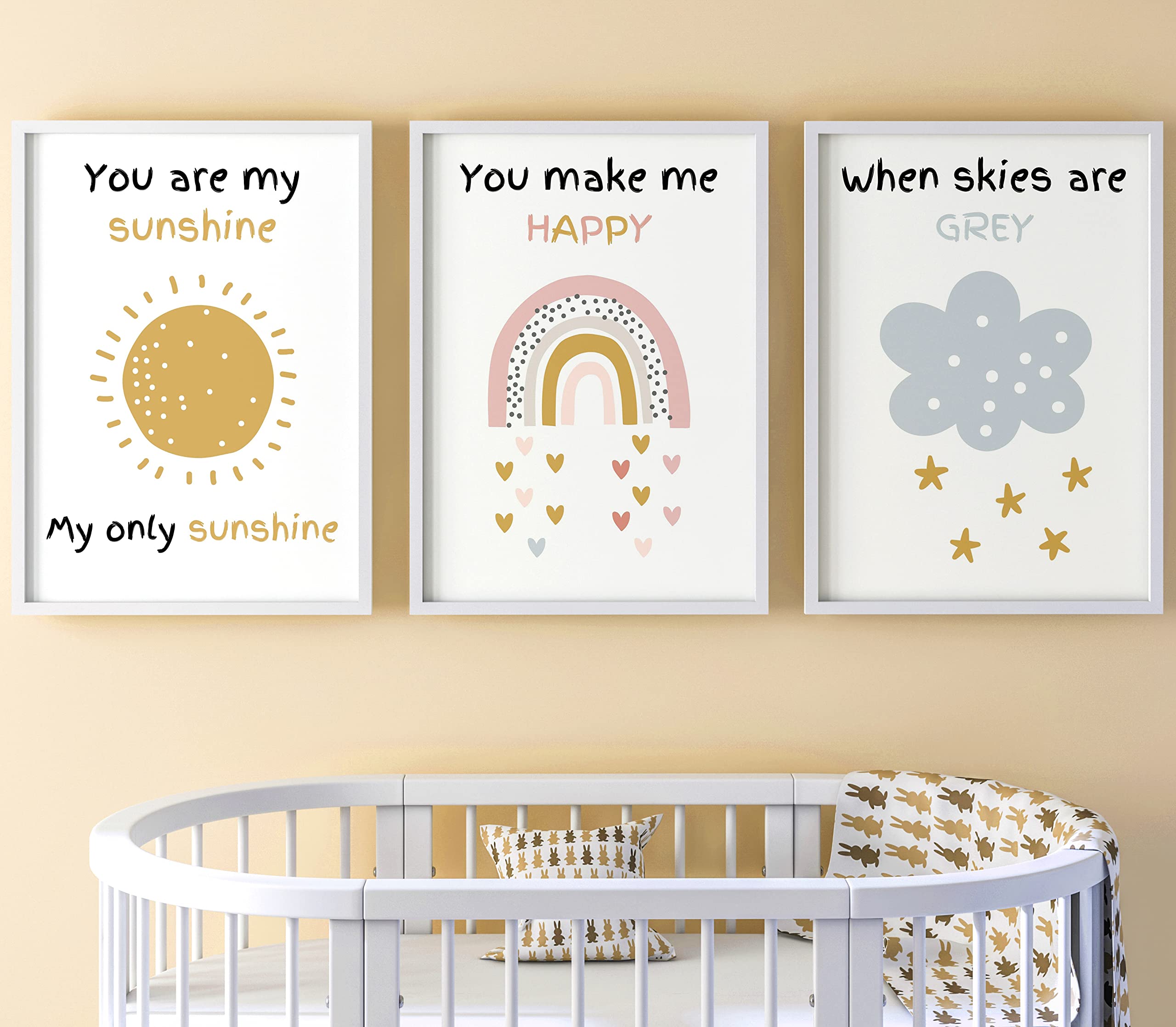 You are My Sunshine Set of 3 Unframed Prints for Babys Nursery, Kids Bedroom Decor, Wall Art, You Make Me Happy When Skies are Grey, Song Lyrics Nursery Rhyme, Rainbow Sun Cloud Rain (A4)