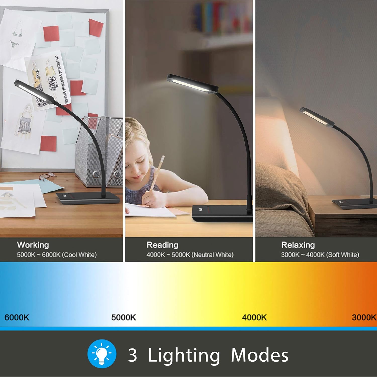 TROND Eye-Care LED Desk Lamp Dimmable, Flexible Gooseneck, 3 Color Temperatures, Non-Glaring for Bedside, Nightstand, Side Table, Office, Reading & Task Lighting - - 