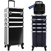 CHUANGJIN 5 in 1 Professional Makeup Train Case Aluminum Cosmetic Case Rolling Makeup Case ExtraLarge Storage Organizer with Key Swivel Wheels Salon Barber Case for Make Up Nail Hairstylists, Black