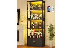 Lamtor Glass Display Cabinet with Doors - Curio Cabinet with Dynamic LED Lights for Collectibles, 67" Display Case with 4 Tier and Drawer for Figure, Toys, Books, Black(Narrow)