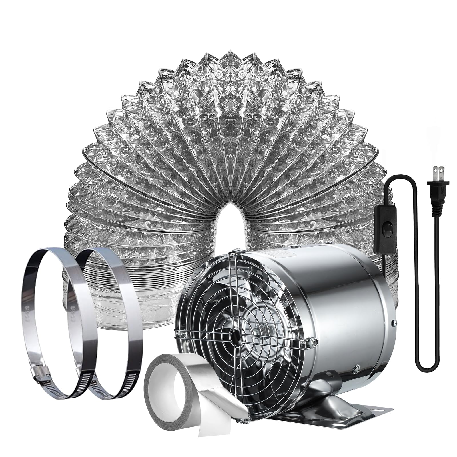 【2025年最新型】換気扇 150mm 大風量 Sidvkut 家庭用工業換気扇 風量480m³/h 金属製 ON/OFFスイッチ付き 中間取付形ダクトファン 塗装ブース用 ダクト用換気扇 ダクトホース付き 倉庫/トイレ/キッチン換気排気用 (シルバー) の商品画像