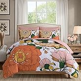 Djoymock Floral Comforter Set, Pink Orange Bedding Set King Size 7 Piece Boho Chic Flower Bed in a Bag Revesible Microfiber Winter Down Alternative Bed Set with Pillowcases & Shams,Sheets