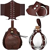 Suhine 4 Pcs Halloween Renaissance Accessories Medieval Leather Costume Set Viking Belt Drawstring Pouch Elastic Waist Potion Bottle with Cork Stopper and Harness Brown Knight Leather Belt for Cosplay
