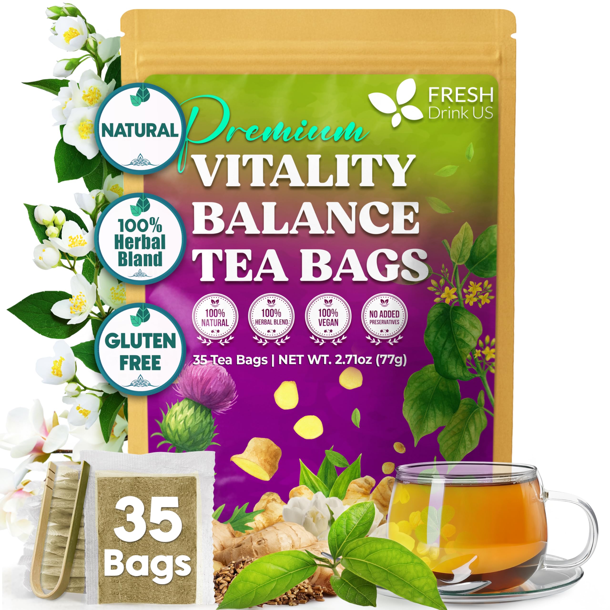 FreshDrinkUS, Vitality Balance Tea Bags | 30 Count | Herbal Blend with Gymnema, Milk Thistle Seed, Fenugreek, Dandelion Root, Ginger, Orange Peel & Other Herbs – 100% Natural, Caffeine-Free Herbal Tea Image