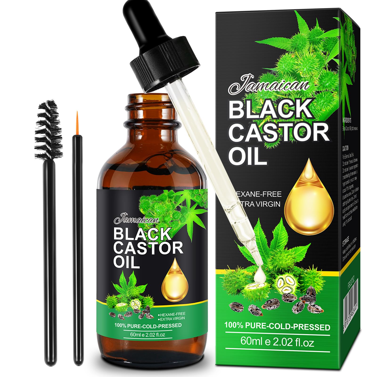 Black Castor Oil for Hair Growth, 60ml 100% Pure Natural Cold Pressed, Black Castor Essential Oil for Healthier Thicker Fuller Hair, Organic Body Massage Castor Oil, for Skin & Hair Care