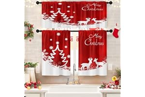 Britown Christmas Tree Kitchen Curtains Reindeer Snowflake Red Window Curtains Valance and Tier Set 36 Inch Rod Pocket Short Tier Curtain for Room Kitchen Decor