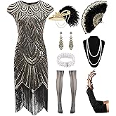 Women's Flapper Dresses 1920s Sequin Fringe Beaded Cocktail Crew Neck Dress Roaring 20s Accessories Vintage Lace Fan Headband