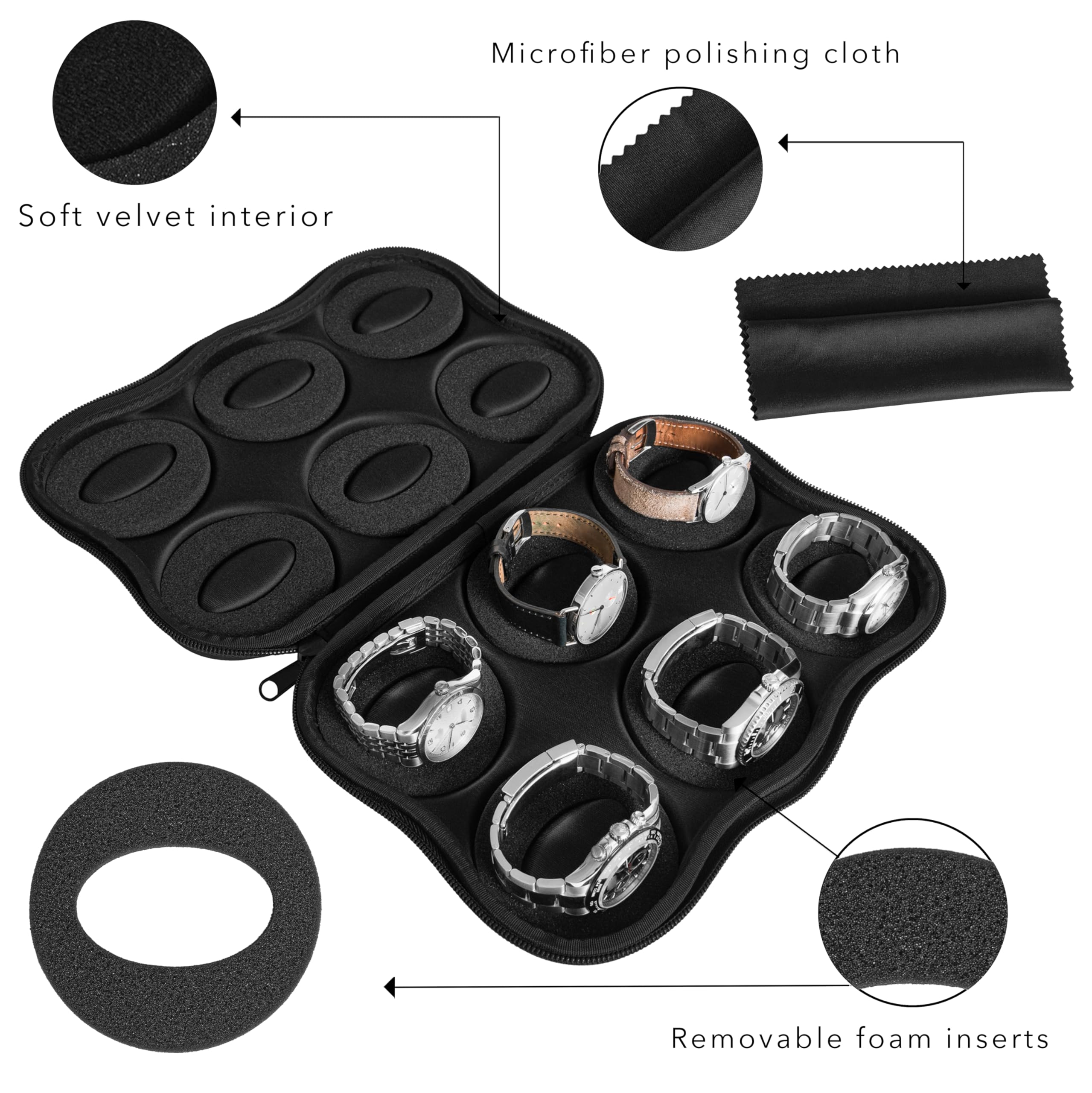 WATCHPOD Six Watch Travel Case Storage Holder Box for 6 Watches | Tough Portable Protection w/Zipper Fits All Wristwatches & Smart Watches Up to 50mm (Black)