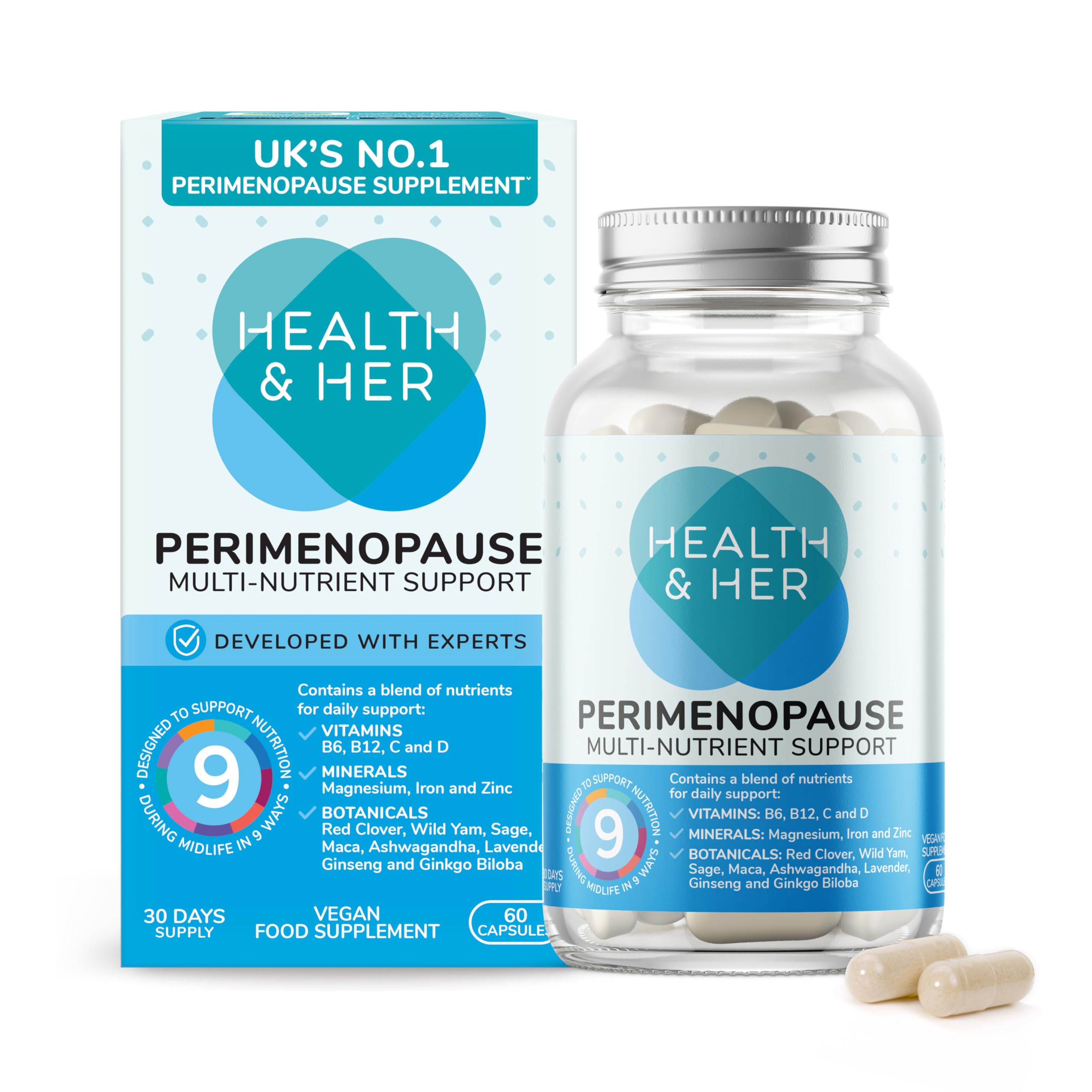 Health & Her Perimenopause Supplement, 9-in-1 Daily Multivitamin for Women with Red Clover & Ashwagandha, Vegan & Gluten Free, 30-Day Supply, 60 Capsules