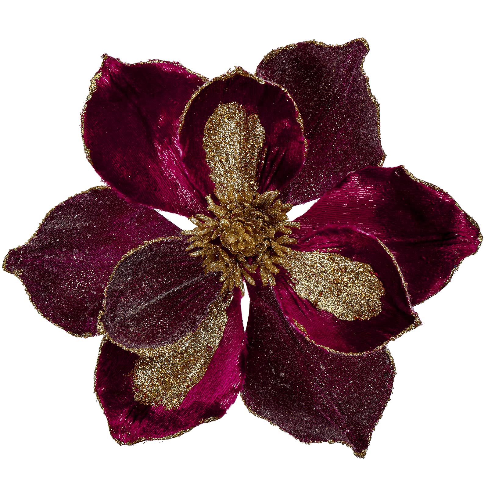 Photo 1 of 10’’ Large Heads Christmas Glitter Magnolia Flowers Christmas Tree Ornaments Set of 3 Artificial Flowers with Picks Stems for Xmas Tree Holiday Decorations, Burgundy