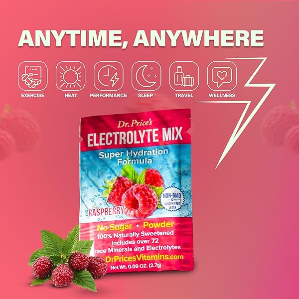 DR. PRICE’S ELECTROLYTES HYDRATION POWDER PACKETS – RASPBERRY, 30 PACKS | SUGAR FREE ELECTROLYTE DRINK MIX, 72+ TRACE MINERALS, MANGANESE | KETO ELECTROLYTES, VEGAN, DOCTOR-FORMULATED, MADE IN USA