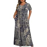 Tencede Womens Plus Size Maxi Dresses Summer 2026 Casual Short Sleeve with Pockets Long Dress 1X-5X