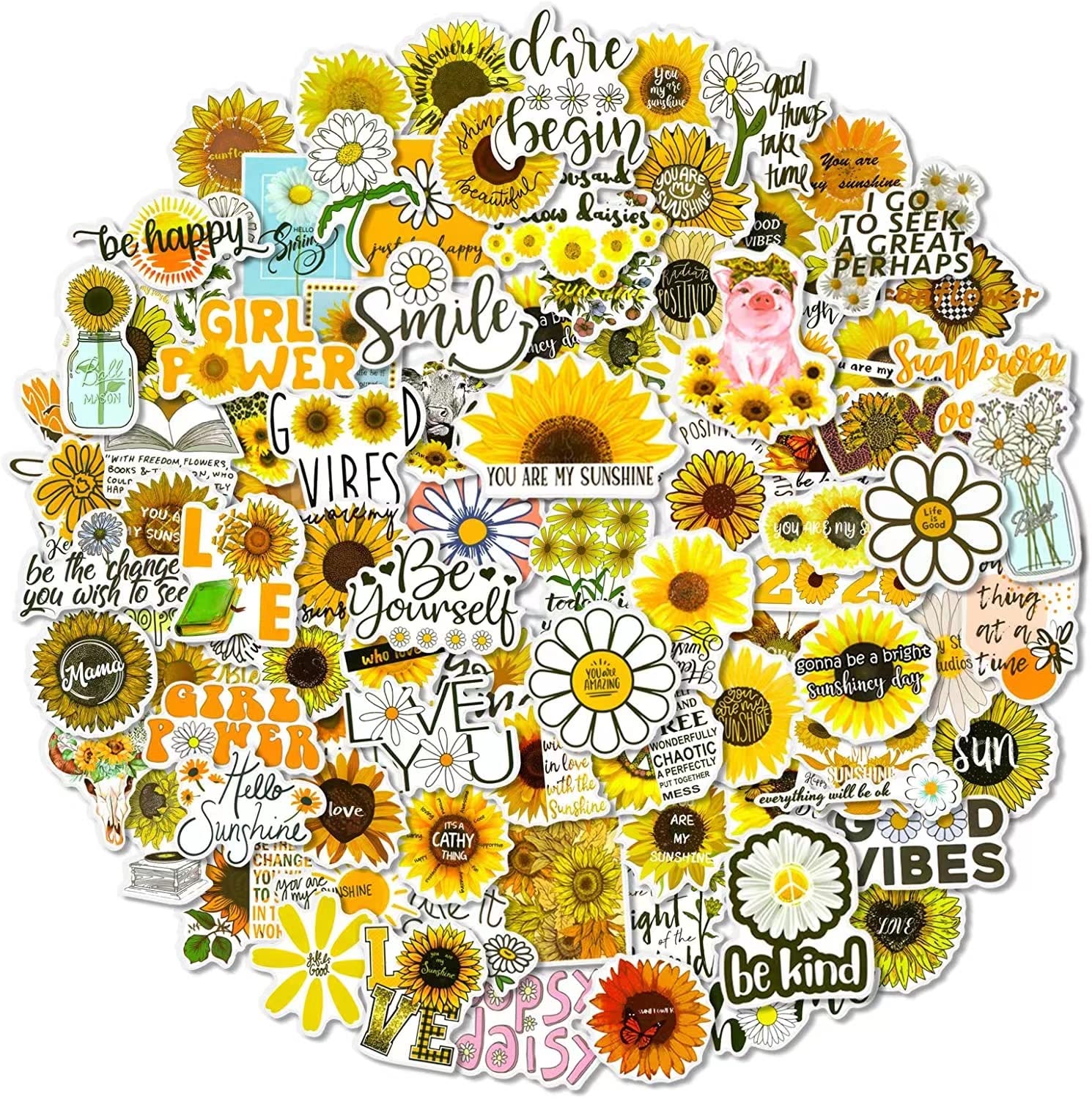 LIFEBE 100pcs Inspirational Floral Stickers for Scrapbooking, Laptop, Water Bottle, Travel Bag, Mobile Phone Bag, Notebook, Bicycle, Guitar; Yellow, Vinyl, Waterproof
