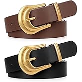 LEACOOLKEY 2 Pack Women's Leather Belts for Jeans Western Belt Ladies Wsit Belt with Gold Buckle,Total 39" Suit waist size 27"-30"