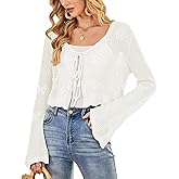 Balimtoy Women Tie Front Cardigan Crochet Sweater Crop Tops Cute Bell Long Sleeve Knit Shrug Beach Vacation Cover Up